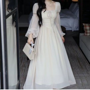 新款苏茵茉莱法式长裙气质方领雪纺长袖仙气宫廷风连衣裙早春