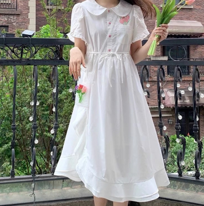 法式复古白色印花减龄娃娃领连衣裙仙女超仙森系夏泡泡袖气质长裙