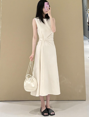 标准版型围裹式纽结连衣裙白色棉质修身裙25夏新品